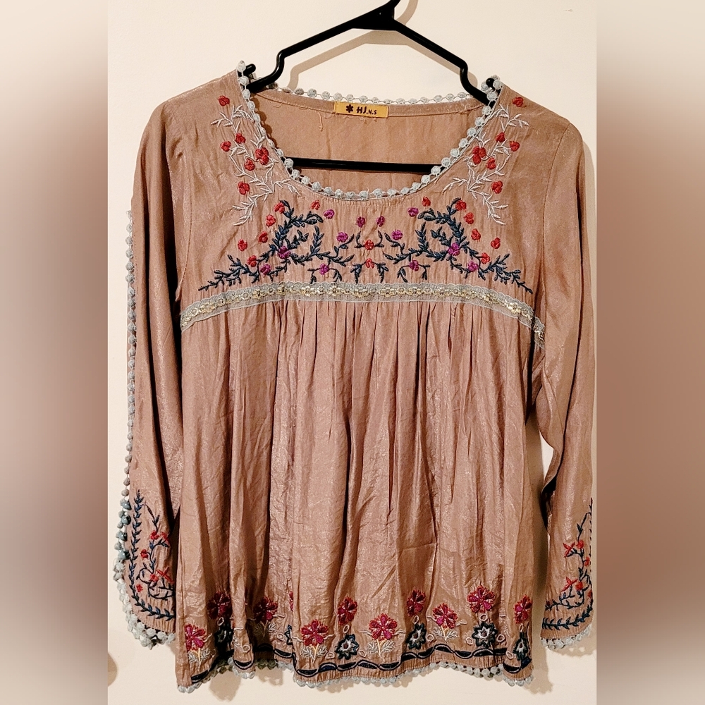 Embroidered Boho Silk Peasant Blouse